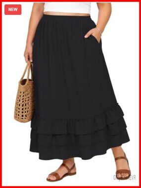 Plus Size Tiered Maxi Skirt with Pockets Flowy A-Line Ruffle Long